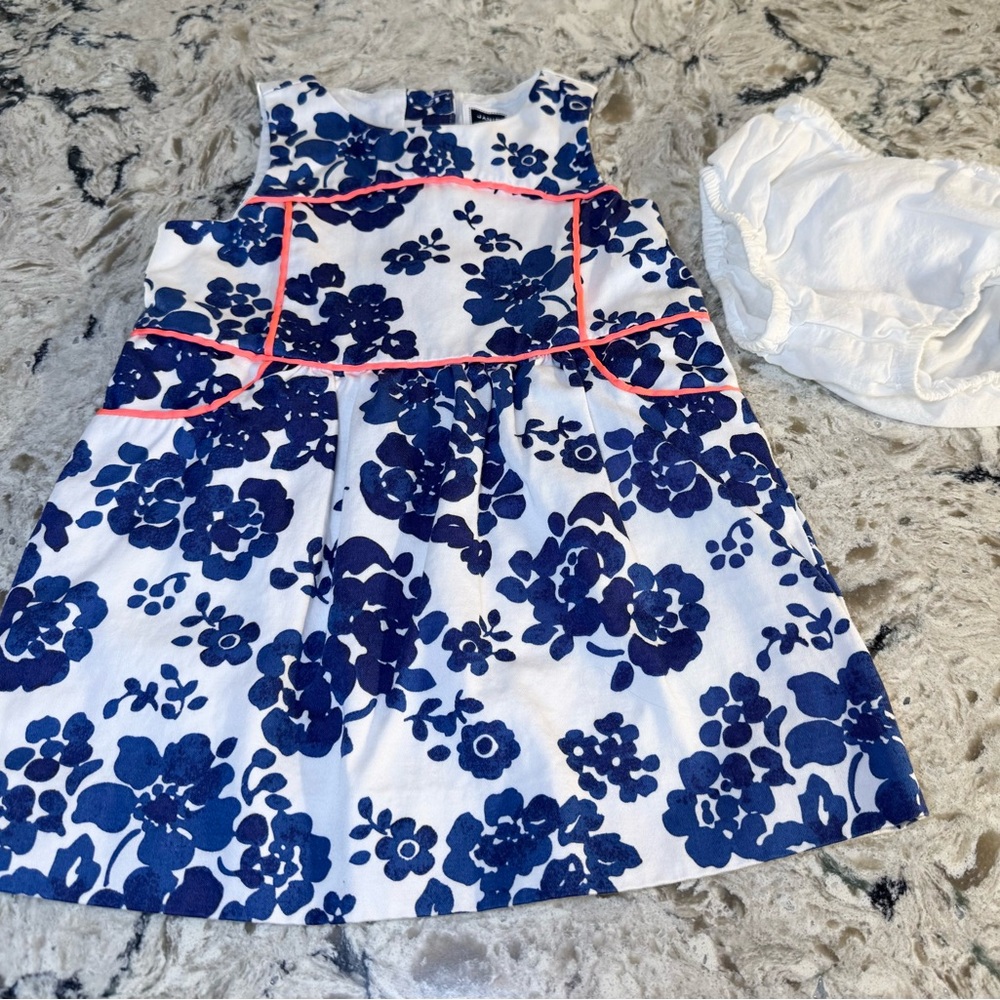 Janie and Jack Blue Floral Dress with Pink Piping and White Bloomers